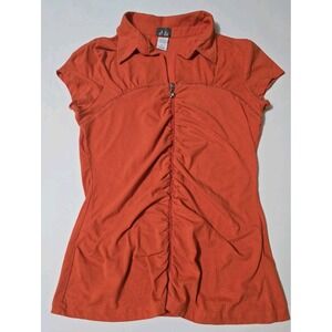 Dots Orange‎ Short Sleeve Size L Womens Full Zipper Collared Shirt